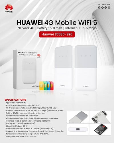 HUAWEI MOBILE Wi-Fi 5 4G MODEL E5586-926 195MBPS ប្រើសុីមកាត(Smart, Cellcard, Metfone, Seatel)