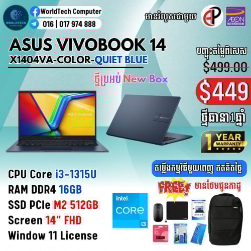 Vivobook 14 Core i3-1315U Ram 16G M2 512G 14" New=449$