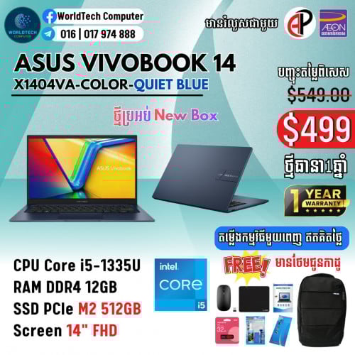 Vivobook 14 Core i5-1335U Ram 12G M2 512G 14" New inbox=499$