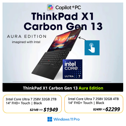 Lenovo ThinkPad X1 Carbon Gen 13 Aura Edition | Ultra 7 258V 32GB 4TB 14" touch : $2299