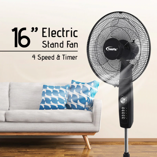 16" Stand Fan – Strong Airflow, Adjustable Tilt & Height, Oscillation, Timer, 4-Speed