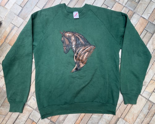 80s Crewneck Sweatshirt Vintage Horse Sweater Jumper Pullover Animal Graphics GreenSize L