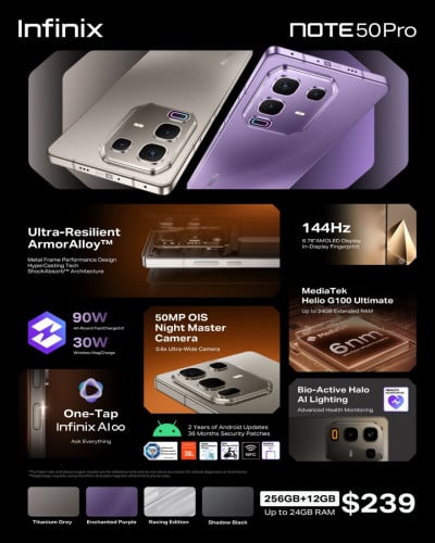 Infinix Note 50 Pro (12GB+12GB/256GB) ថ្មីធានា1ឆ្នាំ