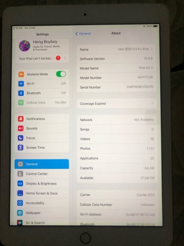 iPad Air 2 sim Wi-Fi 64gb 99%