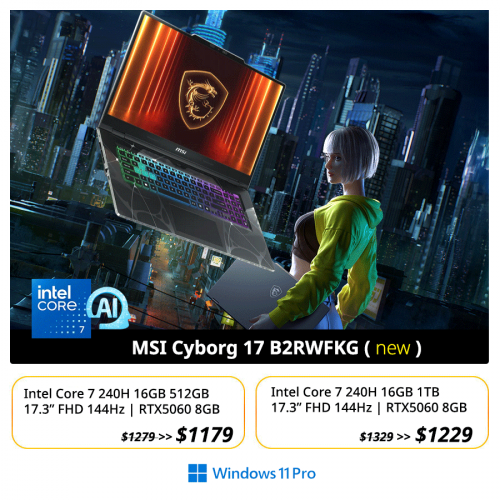 NEW LAPTOP - MSI Cyborg 17 Gaming  ( RTX5060 / RGB Key  )  16GB 1TB Core 7 - $1229