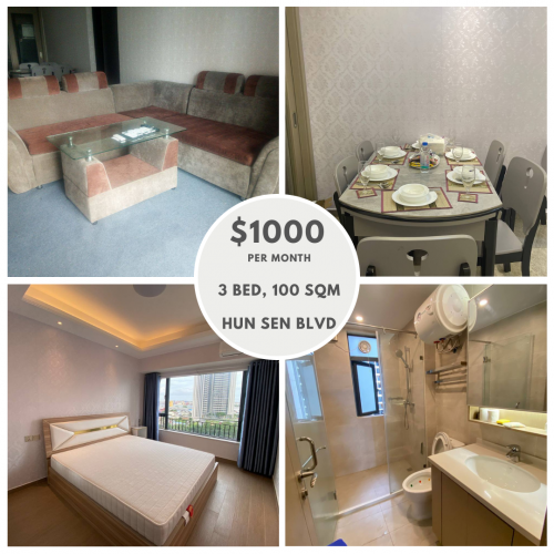 3 bed Condo for Rent on Hun Sen Blvd