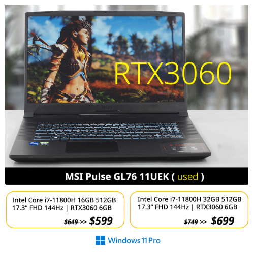 MSI Pulse GL76 11UEK Gaming / RGB Key |  i7-11800H 16GB 512GB 17.3"  RTX3060 $599