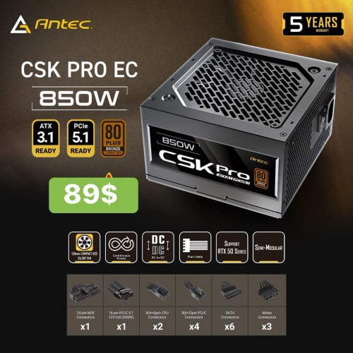 Power Supply Destop New Brand Antec CSK Pro EC 850W អីវ៉ាន់មាននៅក្នុងស្តុកមានការធានា1ឆ្នាំពេញ📩💕✅