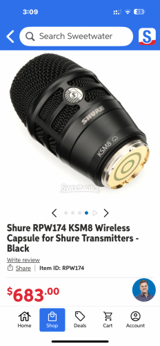 Shure RPW174 KSM8 Wireless Capsule new 99%
