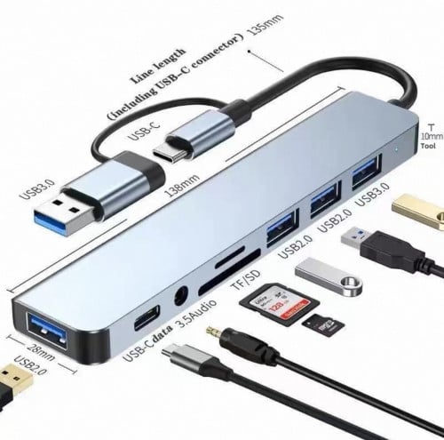 USB-C Multiport Adapter 8 in 1 – USB 3.0, HDMI, SD/TF – តម្លៃពិសេស $10