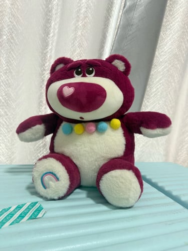 ប្រដាប់ក្មេងលេងទន់ Cute Maroon Teddy Bear with Heart Nose & Rainbow Paw 🌈🧸