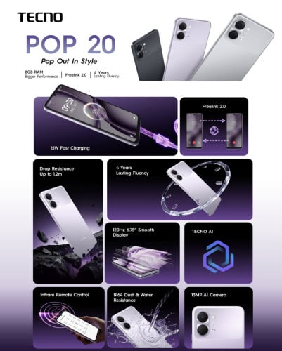 Tecno POP 20 (64GB) និង (128GB) ថ្មីធានា1ឆ្នាំ