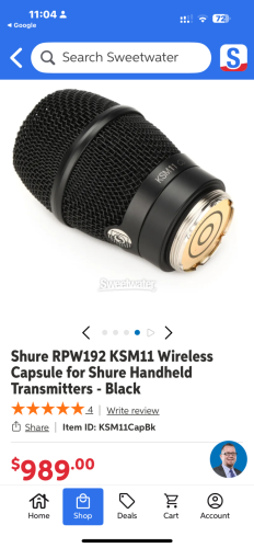 Shure RPW192 KSM11 Wireless Capsule  new