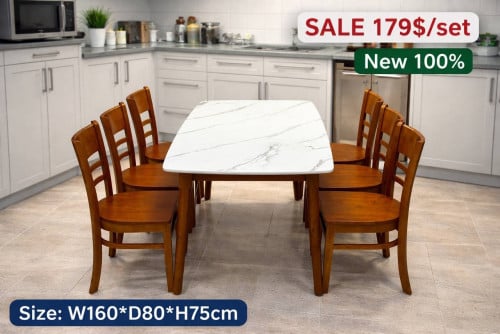 🔔🪑Solid Wood Dining Table Set (6 Chairs)🏡