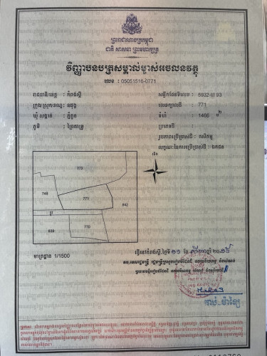 ដីលក់ ក្បាលដី ៧៧១ (ប្លង់រឹង)/ Land for sale (hard title 771)