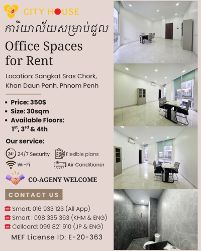 ការិយាល័យសម្រាប់ជួល[OFFICE SPACE FOR RENT] 30.20sqm at Sangkat Srah Chak, Khan Daun Penh