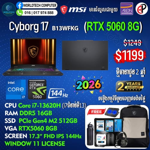 Cyborg15 i7-13620H RAM 16G M2 1TB RTX4050 6G 15.6" 144Hz New Warranty 2Years=1019$