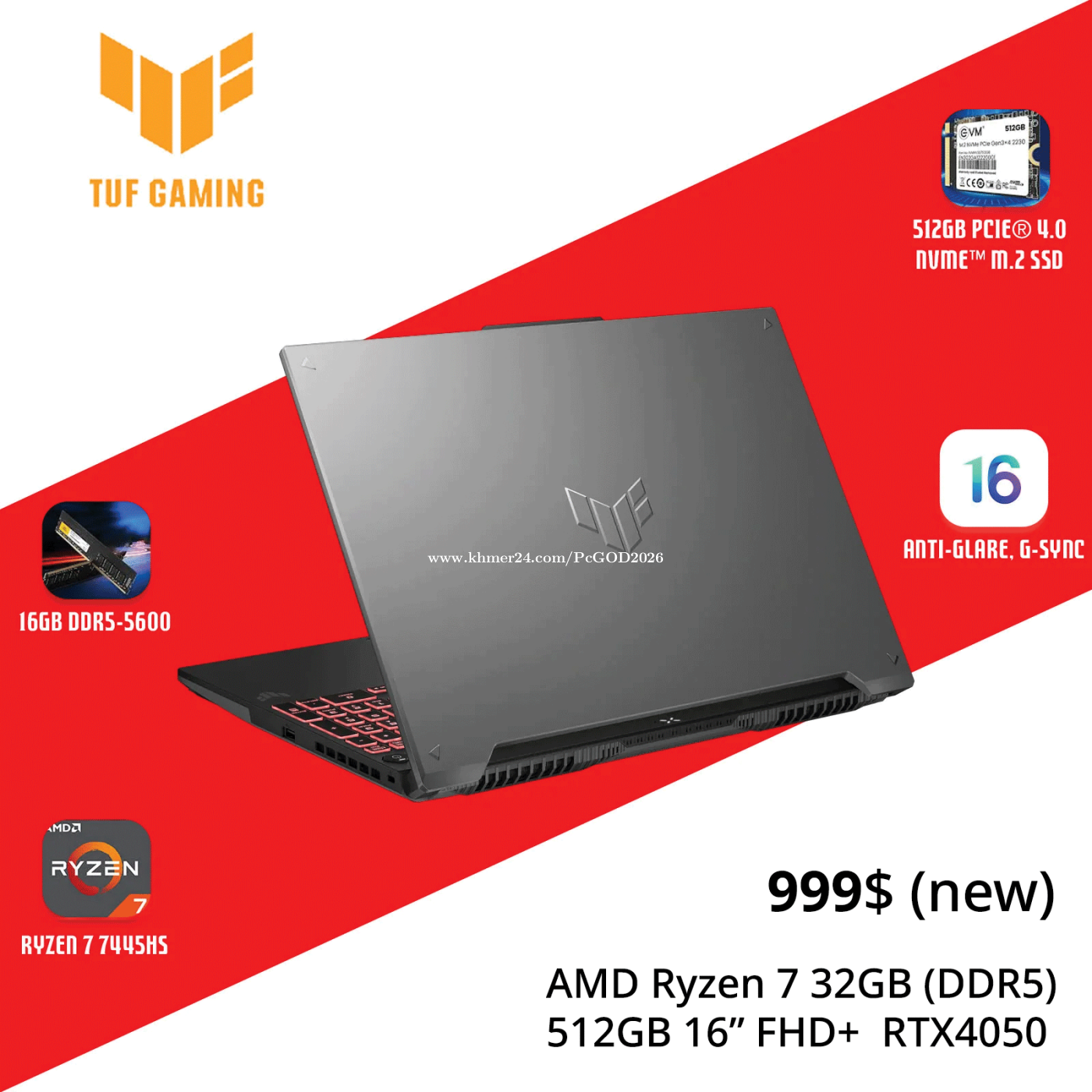 New, ASUS TUF FA607NUG | R7 32GB 512GB 16" FHD+ RTX4050 $999 price $999 ...