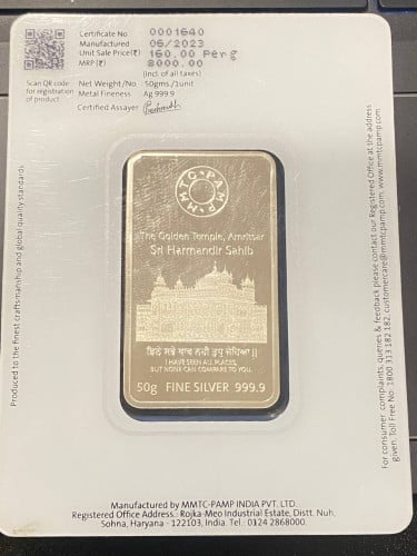 MMTC-PAMP guru Nanak 50-grams colorized silver bar