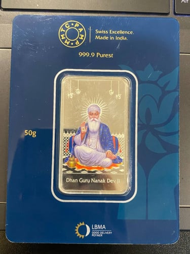 MMTC-PAMP guru Nanak 50-grams colorized silver bar