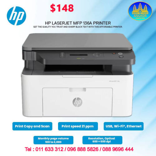 Printer HP LaserJet MFP 136A (4ZB85A) 3-in-1 B/W A4 Print+Scan+Copy-USB $148