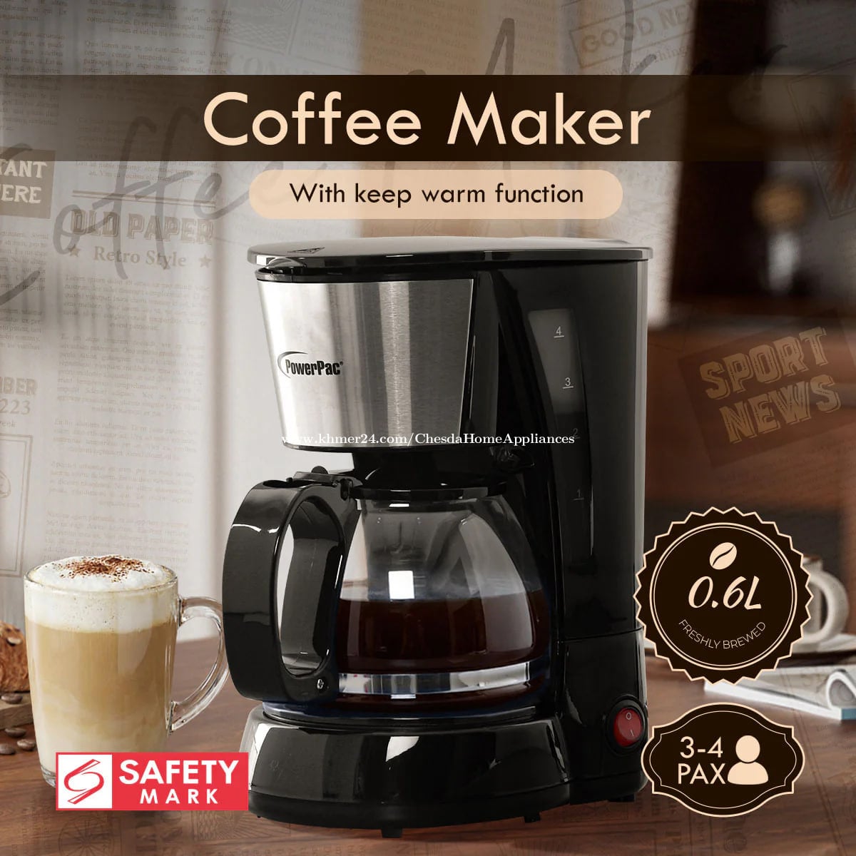 0.6L Coffee Maker with Thermostatic Panel and Washable Filter
