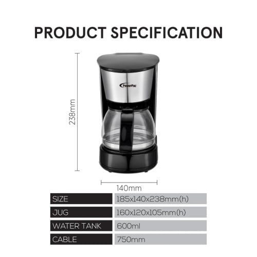0.6L Coffee Maker with Thermostatic Panel and Washable Filter