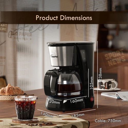0.6L Coffee Maker with Thermostatic Panel and Washable Filter