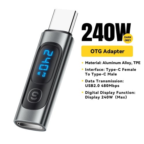 Aluminum LED Power Display USB Type-C to Type-C Adapter ឌុយ OTG Type-C មានលេខមើលកំលាំងសាក