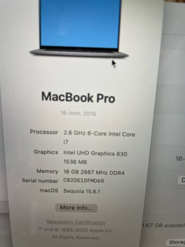 MacBook Pro 2019 3k VGA 8gb ram 16gb ssd 500gb ci7(12cpu)