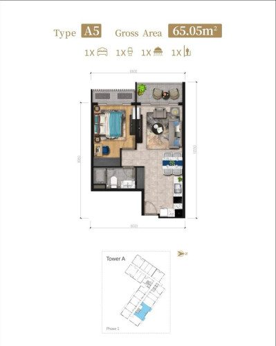 1 បន្ទប់គេង , Size : 65.05m2