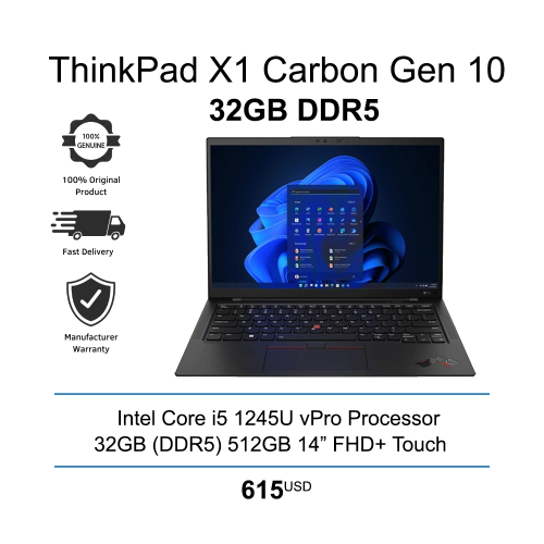 🎯 Lenovo ThinkPad X1 Carbon  Gen 10 -  i5-1245U 32GB 512GB 14" FHD+ touch = $615