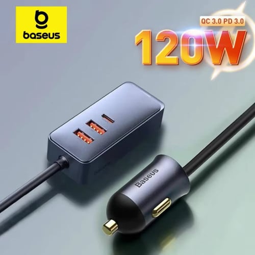 120W Baseus Car Charger with Extension Cord 2 USB-C + 2 USB-A supports PD and QC 3.0