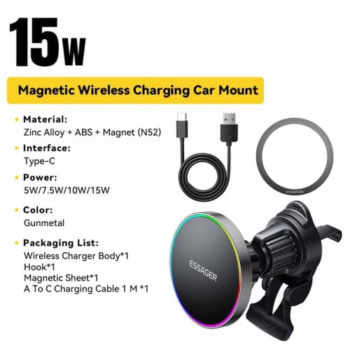 Essager 15W RGB Magnetic Car Phone Holder Wireless Charger