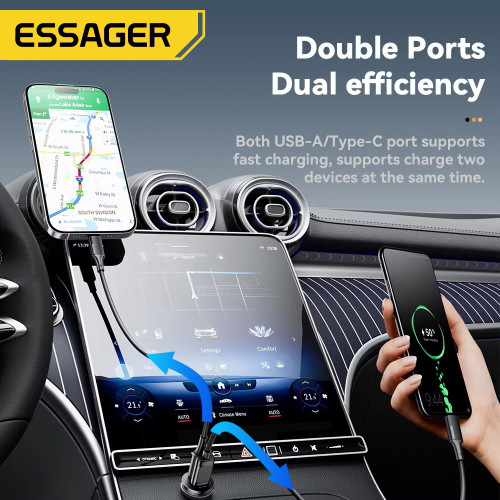 Essager 45W Car Charger QC 3.0 Dual USB-A & C Supports PD3.0/QC3.0/FCP/Samsung AFC/Apple 2.4A