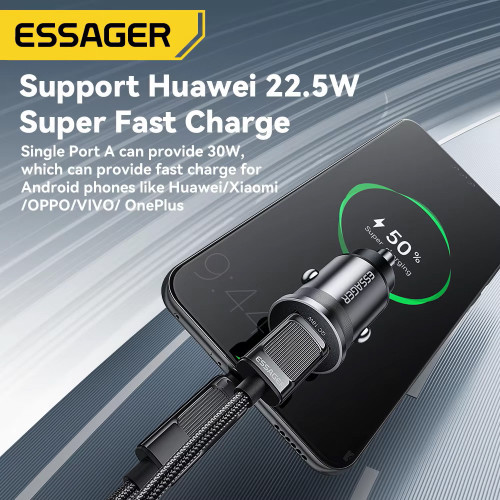 Essager 45W Car Charger QC 3.0 Dual USB-A & C Supports PD3.0/QC3.0/FCP/Samsung AFC/Apple 2.4A