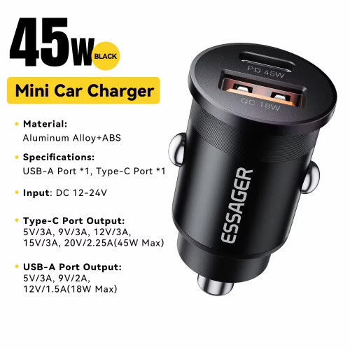Essager 45W Car Charger QC 3.0 Dual USB-A & C Supports PD3.0/QC3.0/FCP/Samsung AFC/Apple 2.4A