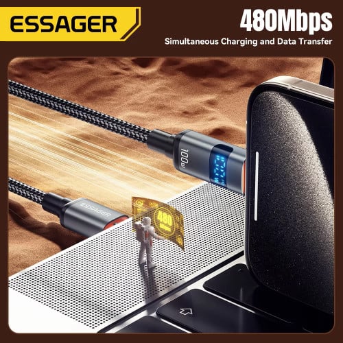 Essager Type C to Type C Cable 100W 2 Meters ខ្សែសាក ២ម៉ែត្រ 100W មានឈីប E-Marker