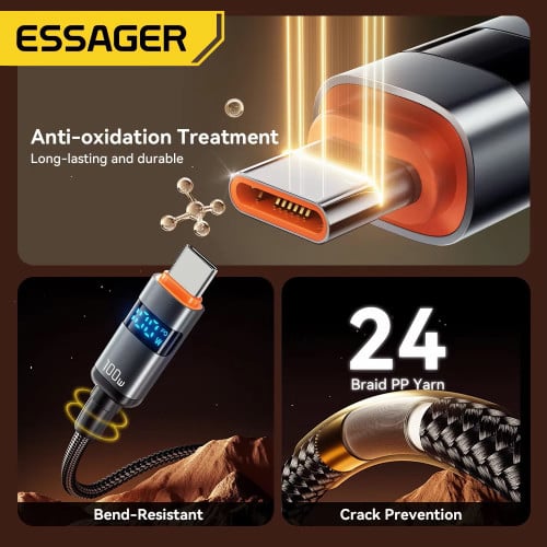 Essager Type C to Type C Cable 100W 2 Meters ខ្សែសាក ២ម៉ែត្រ 100W មានឈីប E-Marker