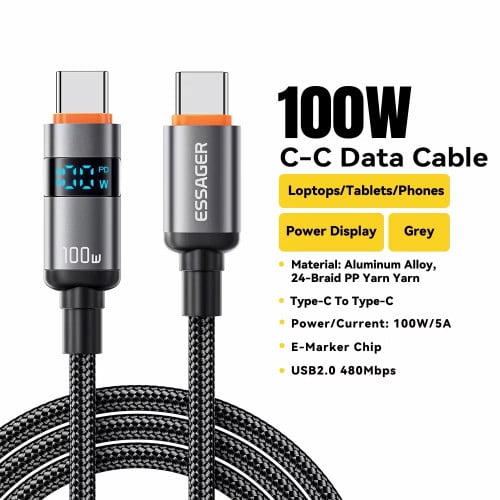 Essager Type C to Type C Cable 100W 2 Meters ខ្សែសាក ២ម៉ែត្រ 100W មានឈីប E-Marker