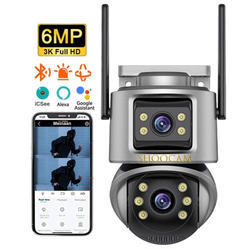Color Night Smart Home CCTV Outdoor PTZ Camera ICSee 6MP WiFi Security Dual Lens Camara