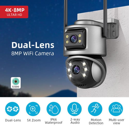 Color Night Smart Home CCTV Outdoor PTZ Camera ICSee 6MP WiFi Security Dual Lens Camara