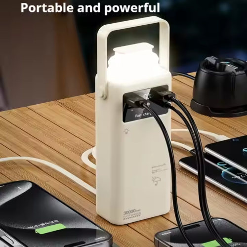 Power Bank 30000mah 4 Cable PD 22.5w Fast Charging Flashlight Handle Outdoor