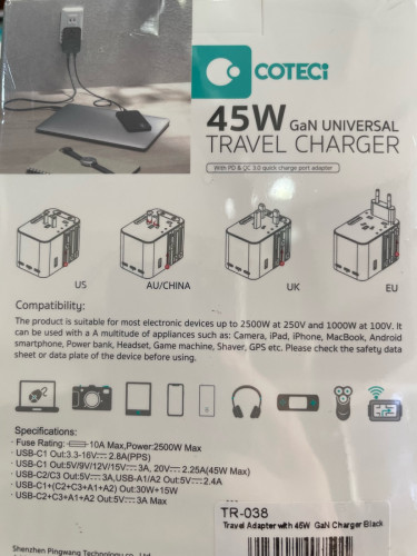 COTECi 45w GaN universal travel charger