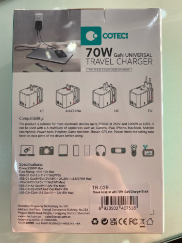 COTECi 70w Gan universal travel charger