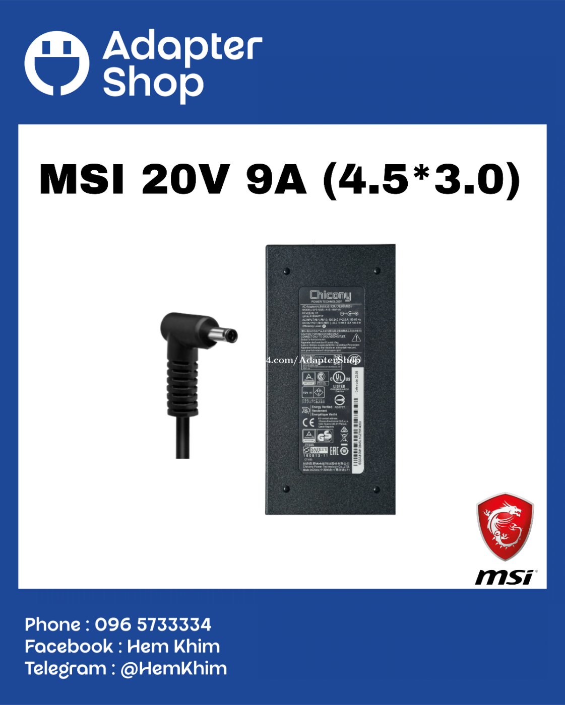 Adapter MSI 20V 9A 180W Original (4.5*3.0)