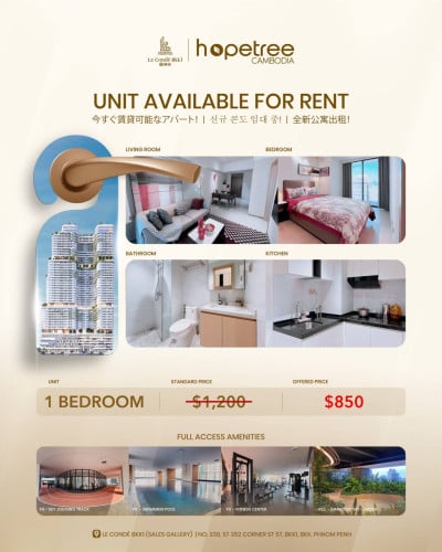 1 bedroom Condo for rent_ $850/mth_BKK1
