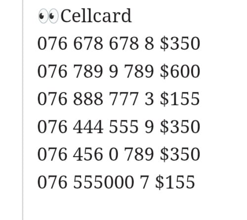 Cellcard 076 678 678 8. 076 789 9 789