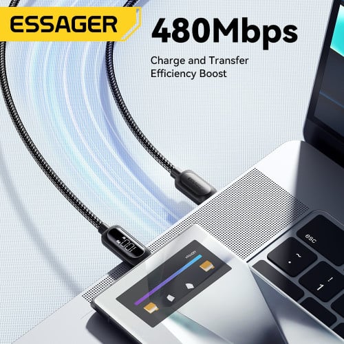 ខ្សែសាក Essager 60W USB-C Cable ប្រវែង ២ ម៉ែត្រ៖ បង្ហាញកម្លាំងវ៉ាត់ និងមានឈីបសុវត្ថិភាព
