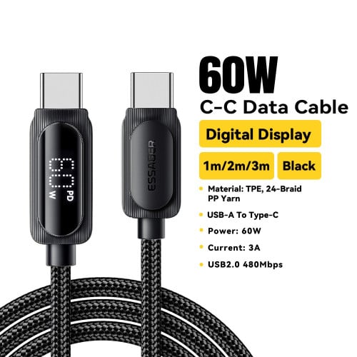 ខ្សែសាក Essager 60W USB-C Cable ប្រវែង ២ ម៉ែត្រ៖ បង្ហាញកម្លាំងវ៉ាត់ និងមានឈីបសុវត្ថិភាព